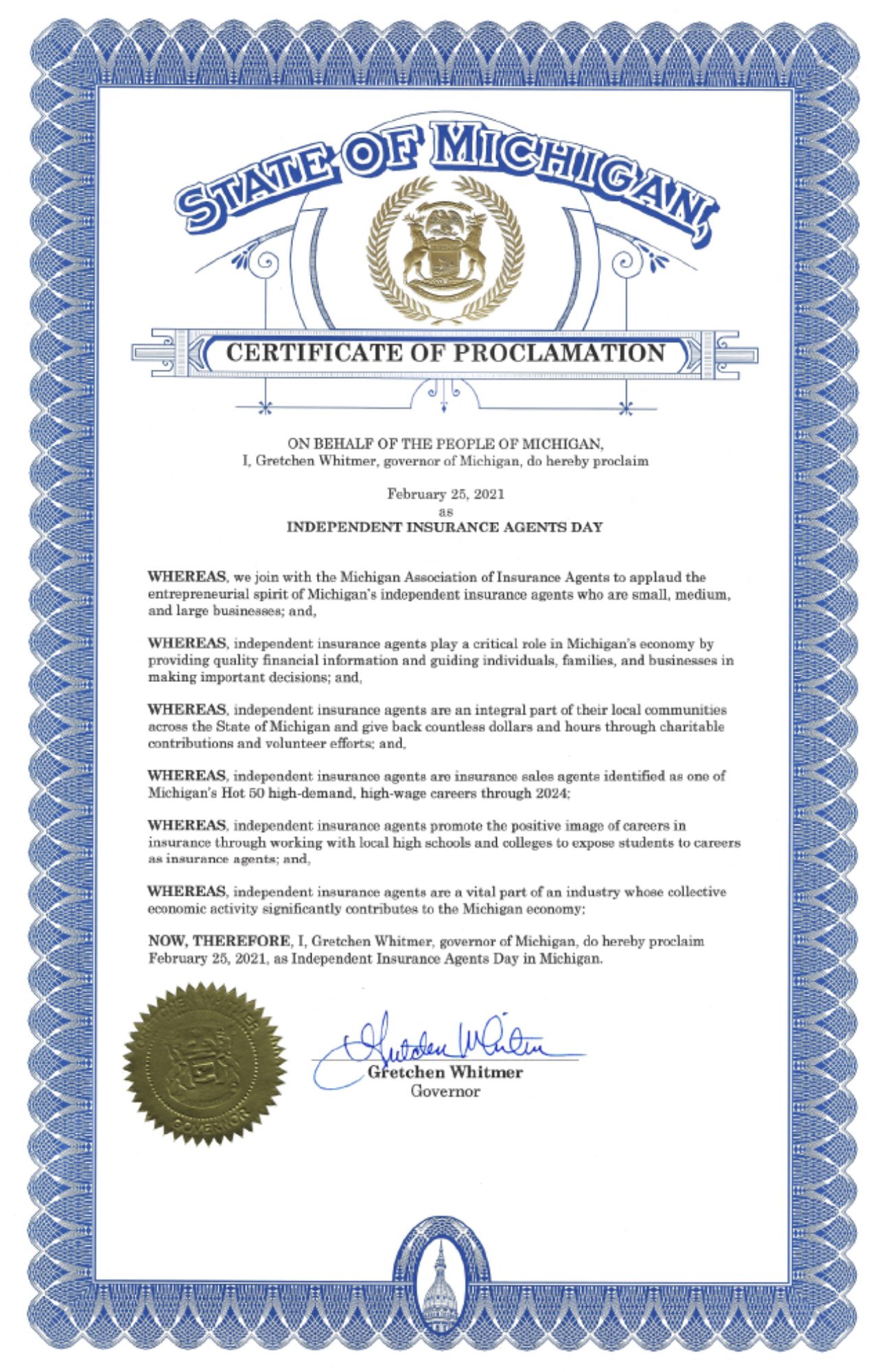 Michigan Independent Insurance Agents Day Certificate